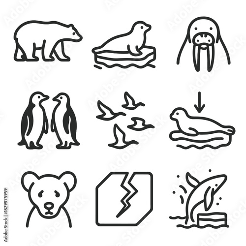 Arctic Wildlife Icons. Outline icon set of Arctic wildlife impacts: polar bear silhouette, seal on ice floe, walrus tusks, penguin