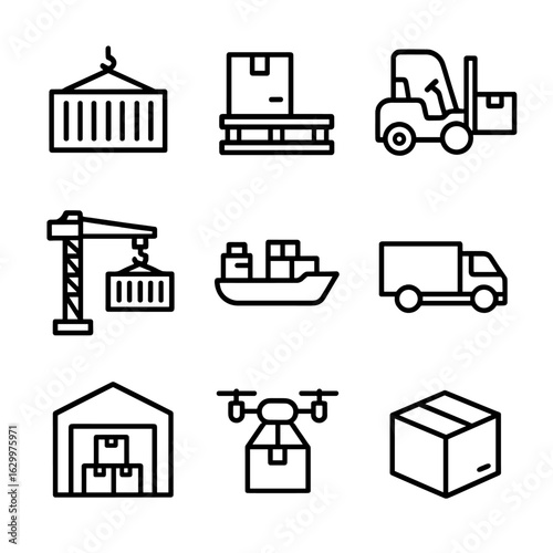 Cargo Transport Icons. Outline icon set of cargo transport: shipping container, pallet, forklift, crane, cargo ship, delivery