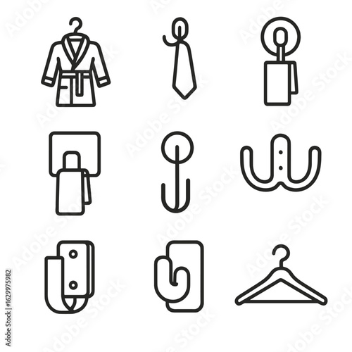 Bathrobe and Towel Hooks. Outline icon set of bathrobe and towel holders: bathrobe hook, towel hook, suction