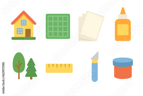 Architectural Model Miniatures. Flat vector mini-illustrations architectural model building in colors children's illustrations: