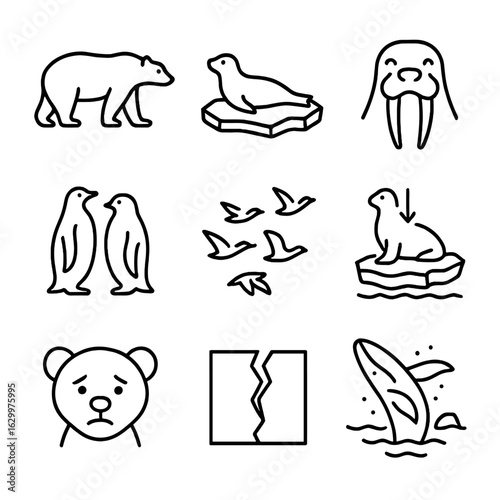 Arctic Wildlife Icons. Outline icon set of Arctic wildlife impacts: polar bear silhouette, seal on ice floe, walrus tusks, penguin