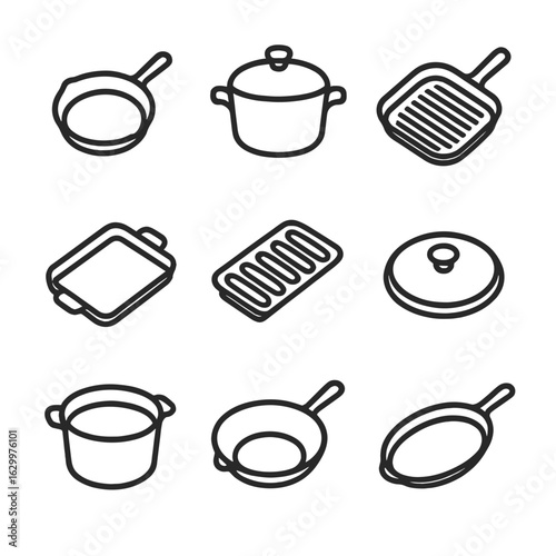 Cast Iron Icon Set. Outline icon set of cast iron cookware: cast iron skillet, Dutch oven, grill pan, griddle, cornbread mold,