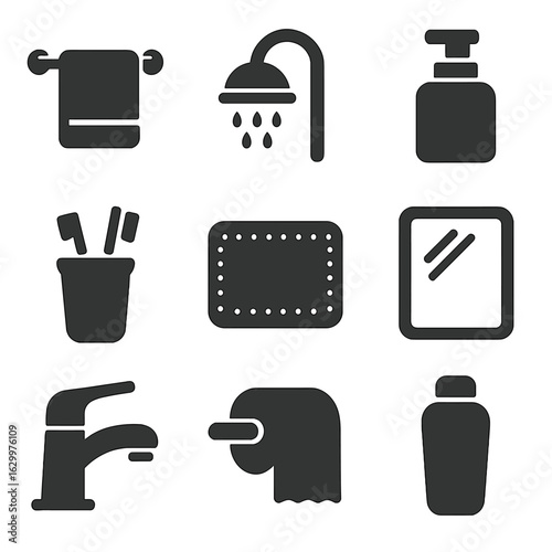 Bathroom Icons Grid. Solid, filled icons set of bathroom accessories: towel rack, showerhead, soap dispenser,