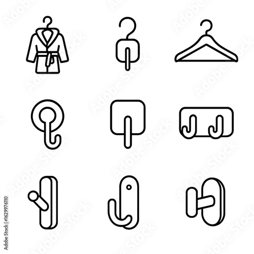 Bathroom Hook Icons. Outline icon set of bathroom fixtures: bathrobe hook, towel hook, robe hanger, suction