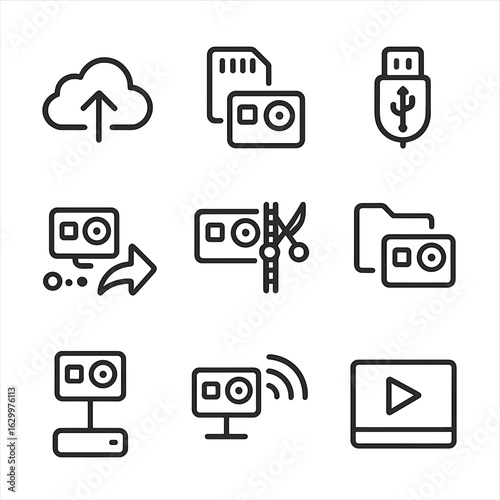 Action Cam Icons. Outline icon set of action cam storage and sharing: cloud upload, SD card, USB transfer, social media share,