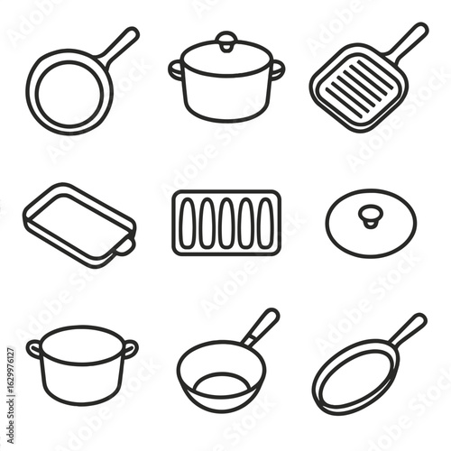 Cast Iron Icon Set. Outline icon set of cast iron cookware: cast iron skillet, Dutch oven, grill pan, griddle, cornbread mold,