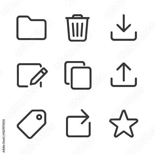 Camera App Icons. Outline icon set of camera app file management: folder, trash bin, download, upload, rename, copy, move, tag,