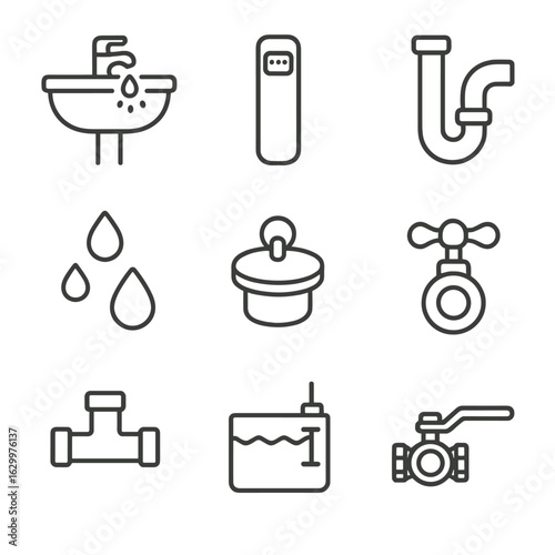 Bathroom Overflow Icons. Outline icon set of Bathroom sink overflow setup: sink bowl, overflow channel, drain