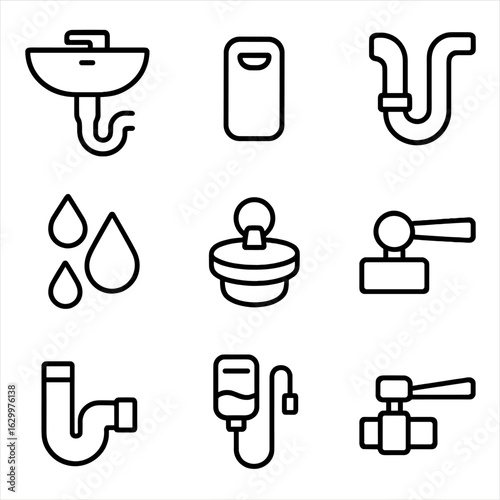 Bathroom Overflow Icons. Outline icon set of Bathroom sink overflow setup: sink bowl, overflow channel, drain