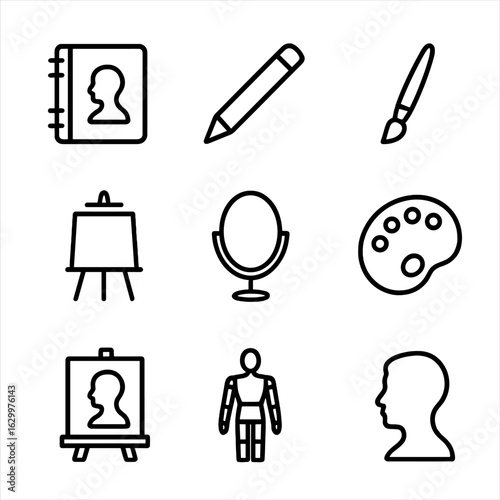 Art Tools Icon Set. Outline icon set of self-portrait art tools: sketchbook, charcoal pencil, paintbrush, easel, mirror, palette,