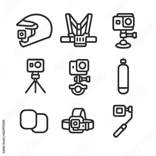 Action Cam Accessories. Outline icon set of action cam accessories: helmet mount, chest strap, suction cup mount, tripod,