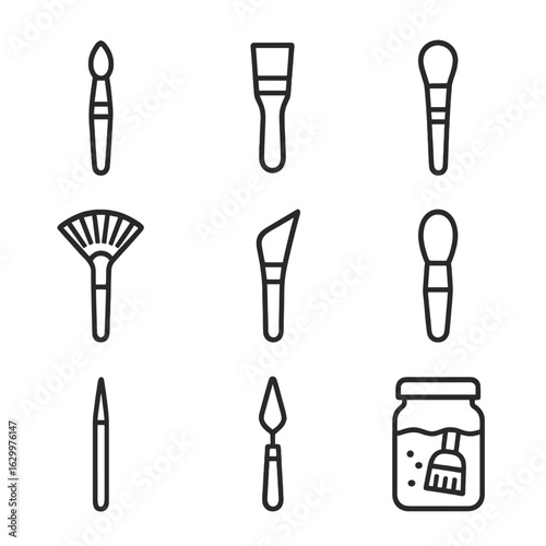 Art Tools Icons. Outline icon set of paintbrush tools: round brush, flat brush, filbert brush, fan brush, angled brush, mop brush,