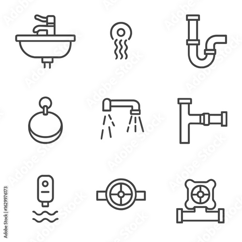 Bathroom Plumbing Icons. Outline icon set of Bathroom sink overflow plumbing: basin, overflow hole, drainage