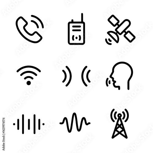 Communication Icon Grid. Outline icon set of echo in communication: phone call, walkie-talkie, satellite, radio signal, echo
