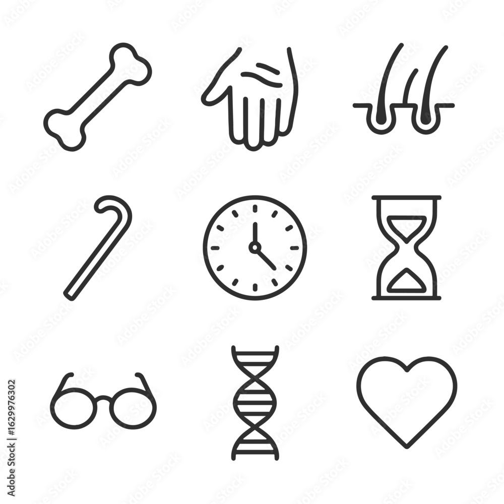 Obraz premium Aging Body Icons. Outline icon set of aging body: bone, wrinkled skin, hair strands, walking cane, clock, hourglass, DNA, eye