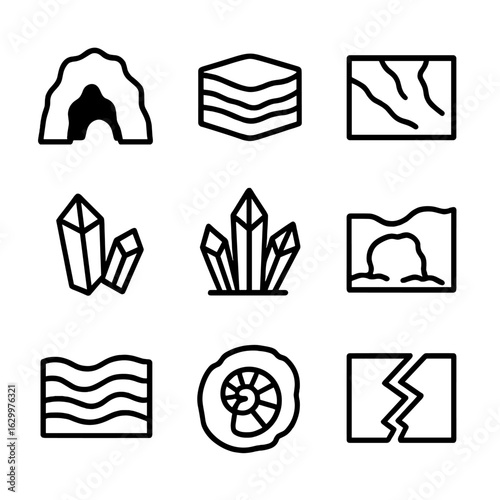 Cave Geology Icons. Outline icon set of cave geology: limestone, sediment layers, mineral veins, quartz, crystal formation,