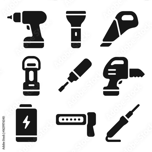 Battery Tool Icons. Solid, filled icons set of battery-powered household tools: cordless drill, portable
