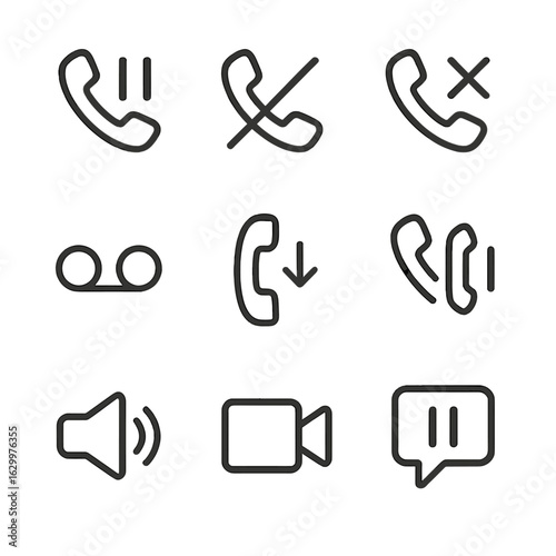 Communication Pause Icons. Outline icon set of pause in communication: hold call, mute, disconnect, voicemail, answer, call