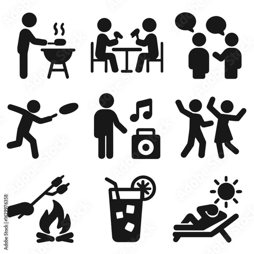 BBQ Party Icons. Solid, filled icons set of BBQ party activities: grilling, eating, chatting, playing frisbee,