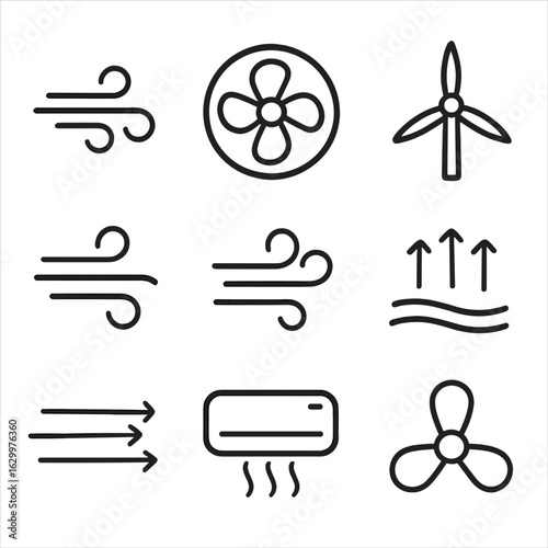 Air Movement Icons. Outline icon set of air movement: wind gust, fan, turbine, air current, breeze, ventilation, airflow arrows,