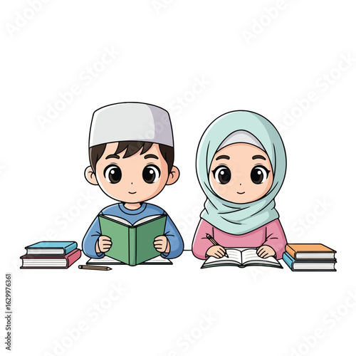 Cute cartoon Muslim children, a boy in a kufi and a girl in a hijab, studying together with books.