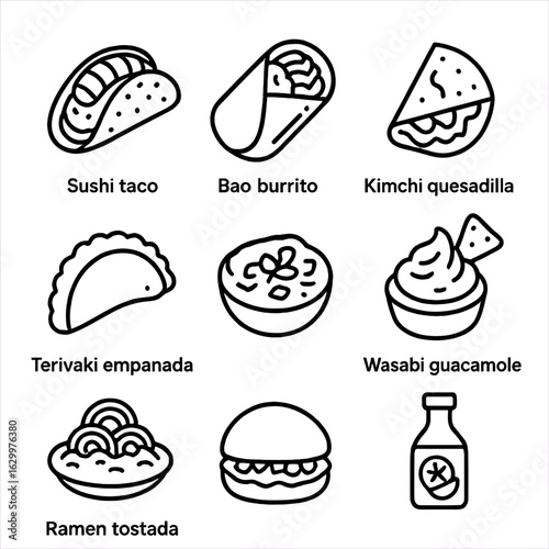 Asian-Latin Fusion Icons. Outline icon set of Asian-Latin fusion dishes: sushi taco, bao burrito, kimchi quesadilla, teriyaki
