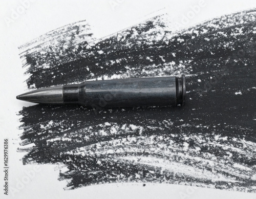 Close-up of a single bullet on a stark, black-chalk texture.