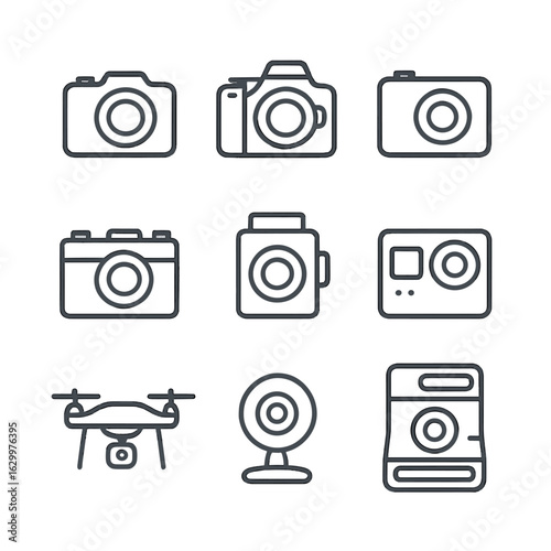 Camera Icon Set. Outline icon set of camera types: mirrorless, DSLR, point-and-shoot, film camera, medium format, action camera,