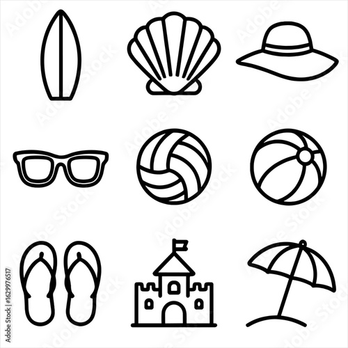 Beach Activity Icons. Outline icon set of beach activities for couples: surfboard, seashell, sunhat,