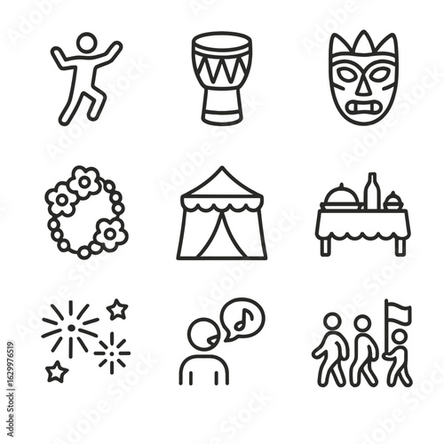Celebration Ritual Icons. Outline icon set of celebration rituals: dance, drum, mask, flower garland, festival tent, feast table,