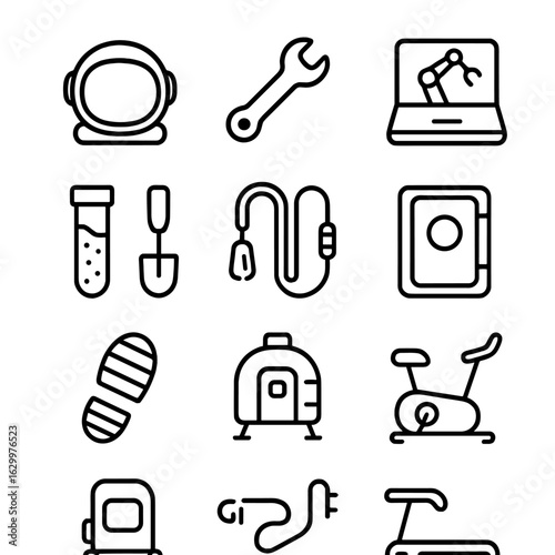 Astronaut Tool Icons. Outline icon set of astronaut tools and activities: space suit helmet, zero-G wrench, robotic arm control,