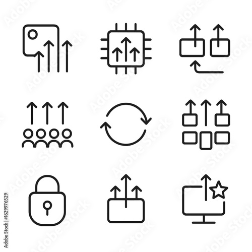 Computing Thread Icons. Outline icon set of threads in computing: threading process, CPU threads, multi-threading, thread pool,