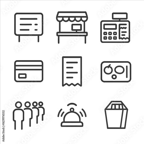 Canteen Ordering Icons. Outline icon set of canteen ordering process: menu board, order counter, cash register, credit card,