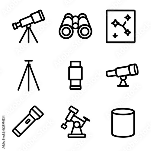 Astronomical Gear Icons. Outline icon set of astronomical equipment: telescope, binoculars, star chart, tripod, eyepiece,