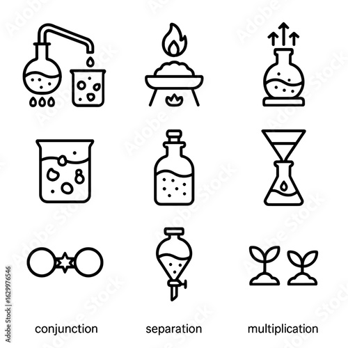 Alchemy Process Icons. Outline icon set of alchemy processes: distillation, calcination, sublimation, coagulation, fermentation,