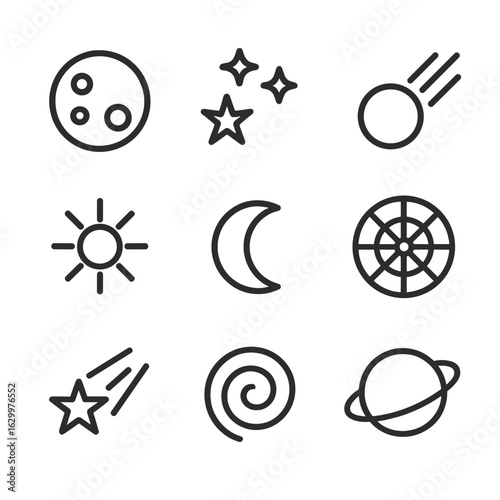 Celestial Icon Set. Outline icon set of witchcraft celestial symbols: full moon, star cluster, comet, sun symbol, crescent moon,