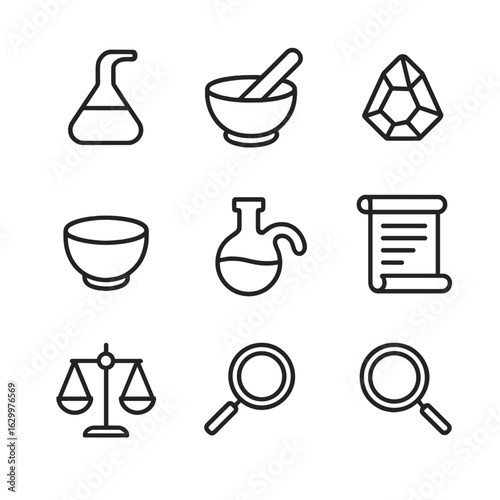 Alchemy Tool Icons. Outline icon set of alchemy tools: alembic, mortar and pestle, philosopher’s stone, flask, crucible, retort,