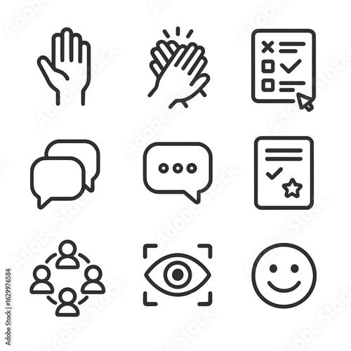 Audience Engagement Icons. Outline icon set of audience engagement: raised hand, applause clap, interactive poll, Q&A dialog, live