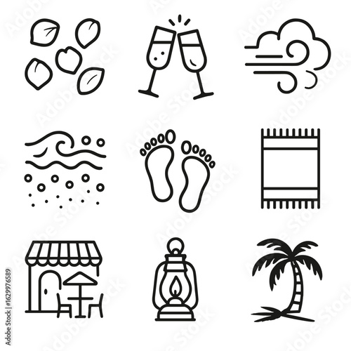 Beach Romance Icons. Outline icon set of romantic beachside moments: rose petals, champagne glasses, soft