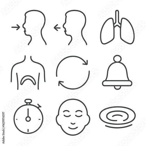 Athlete Breathing Icons. Outline icon set of athlete breathing techniques: inhale arrow, exhale arrow, lung silhouette, diaphragm