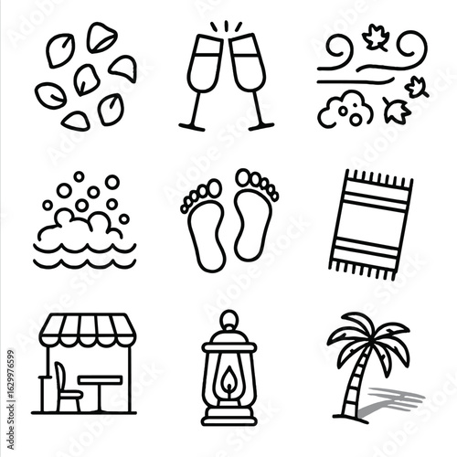 Beach Romance Icons. Outline icon set of romantic beachside moments: rose petals, champagne glasses, soft