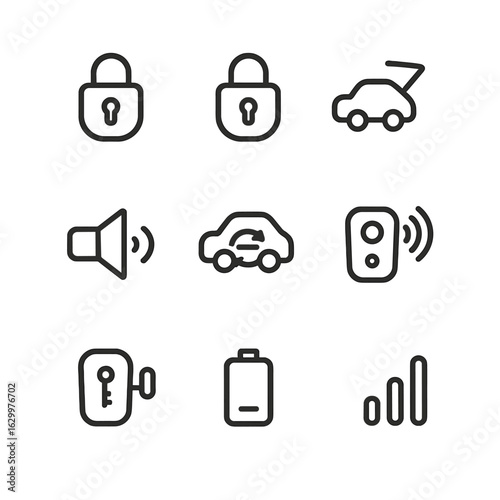 Car Key Fob Icons. Outline icon set of car key fob features: lock button, unlock button, trunk release, panic alarm, remote start,