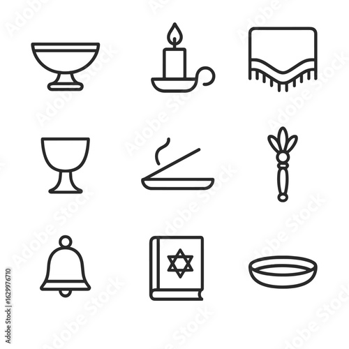Altar Accessories Icons. Outline icon set of altar accessories: offering bowl, candleholder, ceremonial cloth, chalice, incense