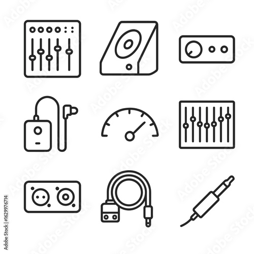 Audio Equipment Icons. Outline icon set of audio mixing and monitoring: mixing console, stage monitor speaker, microphone preamp,