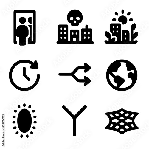 Alternate Realities Icons. Solid, filled icon set of alternate realities: mirror universe, dystopian world, utopian world, time