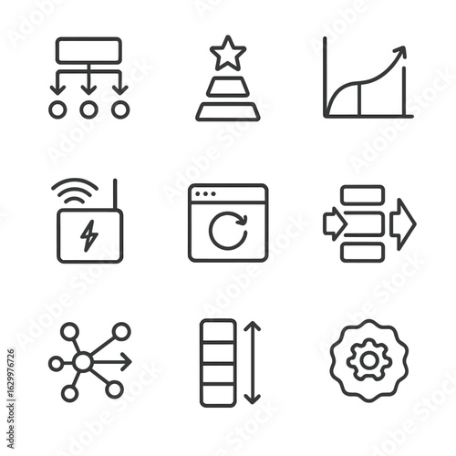 Connectivity Icon Set. Outline icon set of connectivity optimization: load balancing icon, QoS priority, traffic shaping graph,