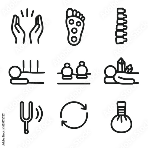 Alternative Therapies Icons. Solid, filled icon set of alternative therapies: reiki hands, reflexology foot, chiropractic spine,