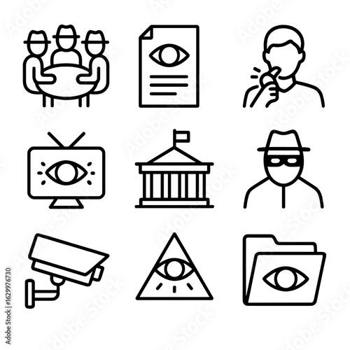 Conspiracy Icon Set. Outline icon set of conspiracy theories: secret meeting silhouette, clandestine documents, whistleblower icon