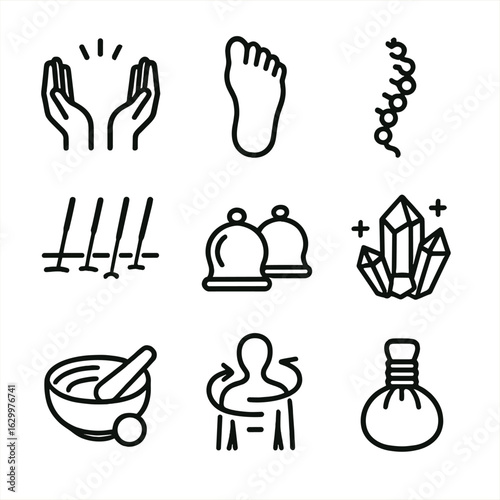 Alternative Therapies Icons. Solid, filled icon set of alternative therapies: reiki hands, reflexology foot, chiropractic spine,