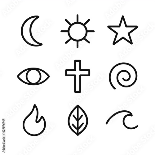 Amulet Icon Collection. Outline icon set of symbolic amulets: crescent moon, sun disk, star, eye, cross, spiral, flame, leaf, wave
